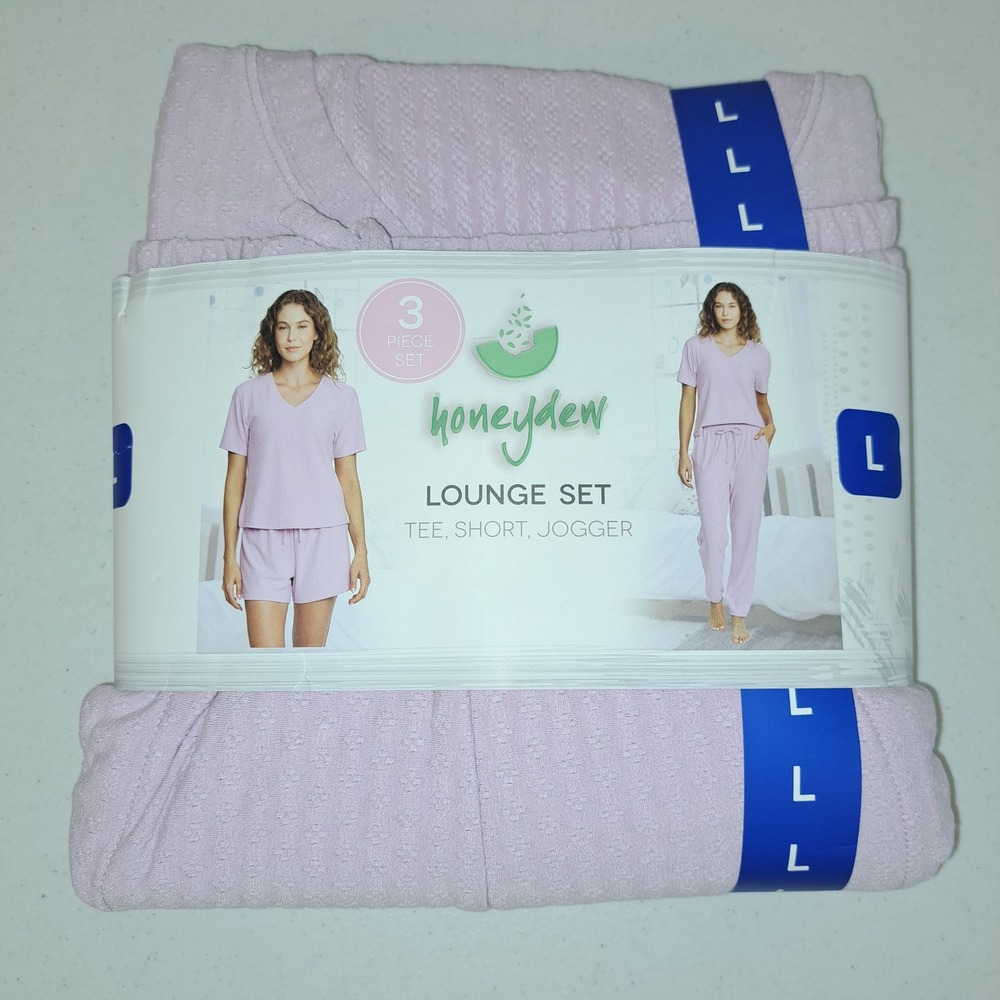 Honeydew Womens Lounge Set L Lilac NWT 3pc Tee Short Jogger 1736-266